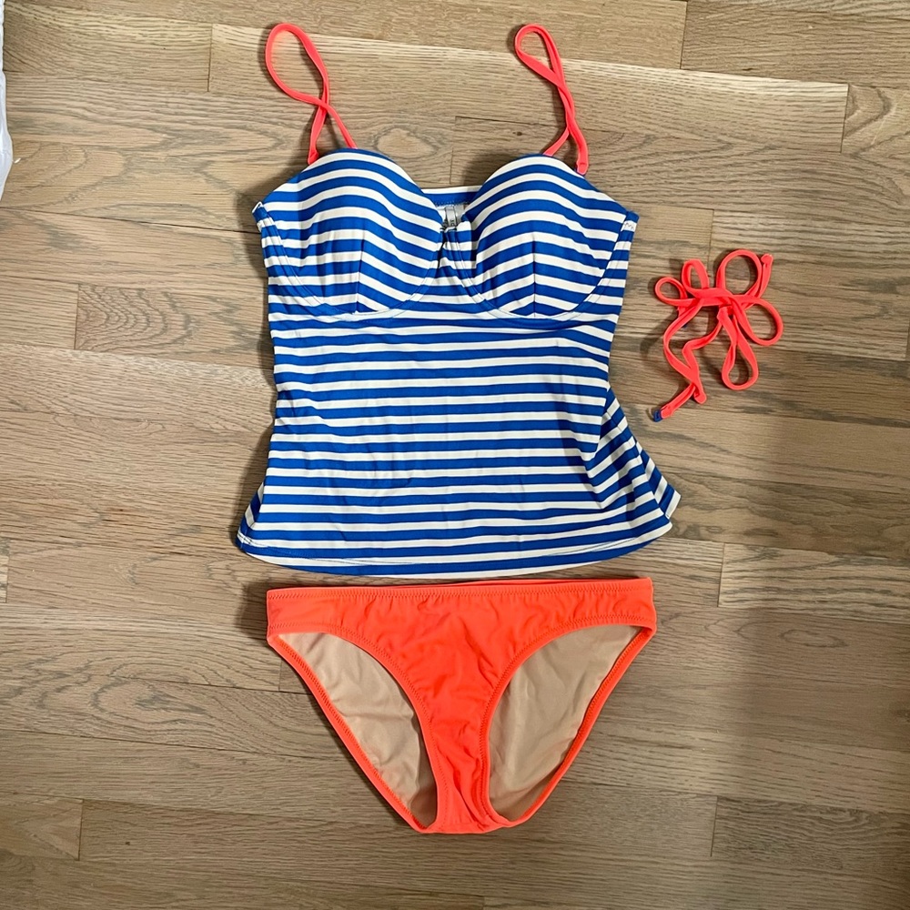J.Crew D-cup sailor-stripe underwire top and Neon surf hipster bikini bottoms.